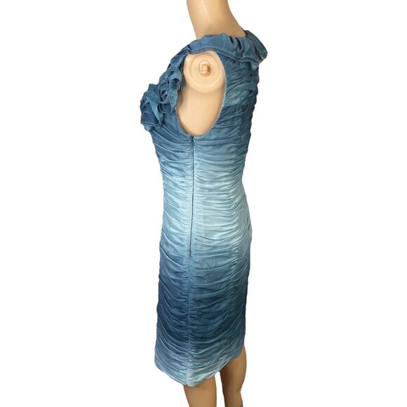 Adrianna Papell Blue Ombre Ruffle Rosette Ruched Sheath Dress Women's SZ 12 - Picture 4 of 7